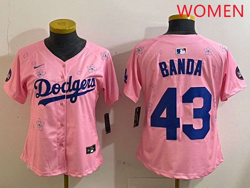 Women Los Angeles Dodgers 43 Banda Pink White Blue Sakura Edition 2025 Nike MLB Jersey style 1